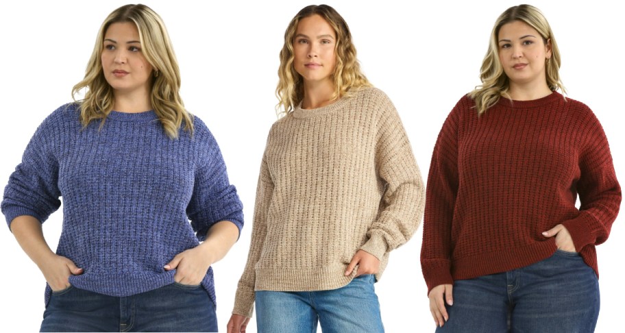 Three woman wearing colorful sweaters.