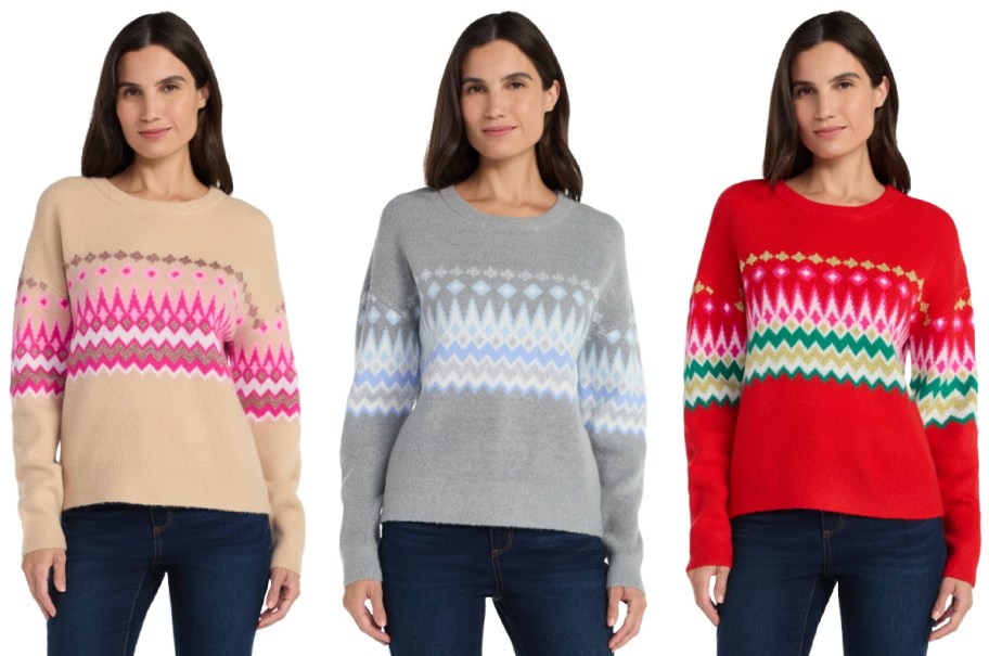 Three woman wearing colorful sweaters.