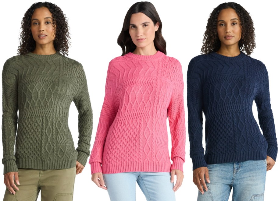 Three woman wearing colorful sweaters.