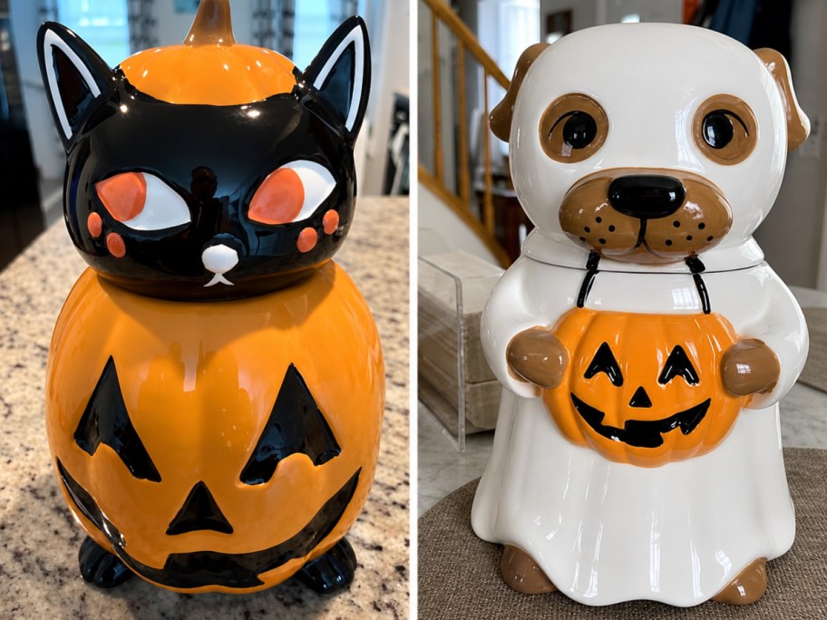 two ceramic halloween cookie jars, a pumpkin cat and a ghost dog
