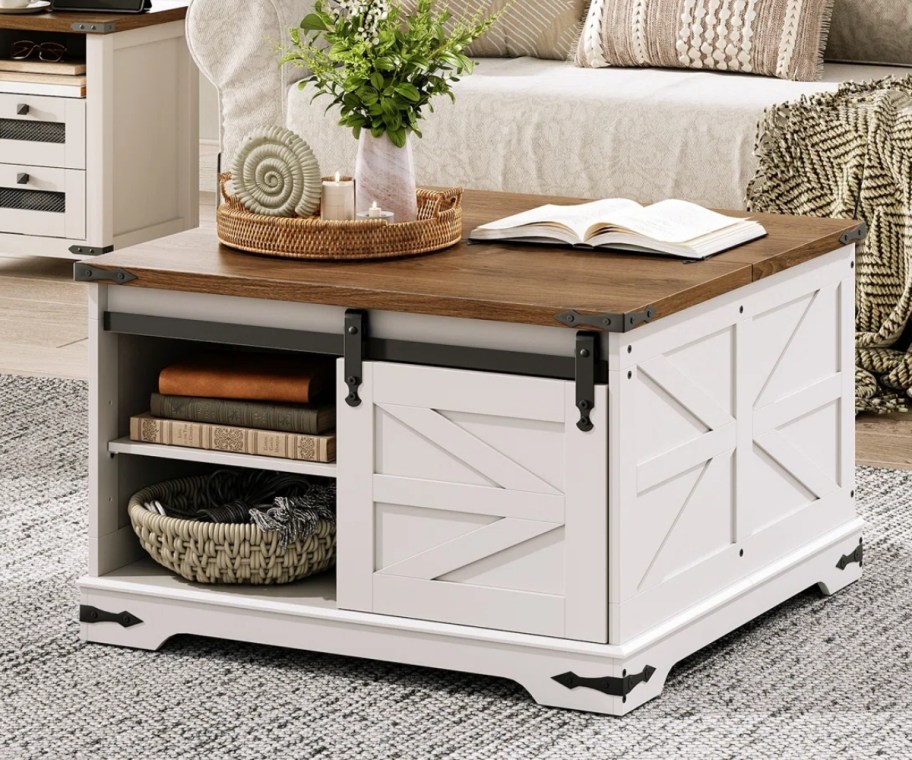 a white lift top farmhouse style coffee table