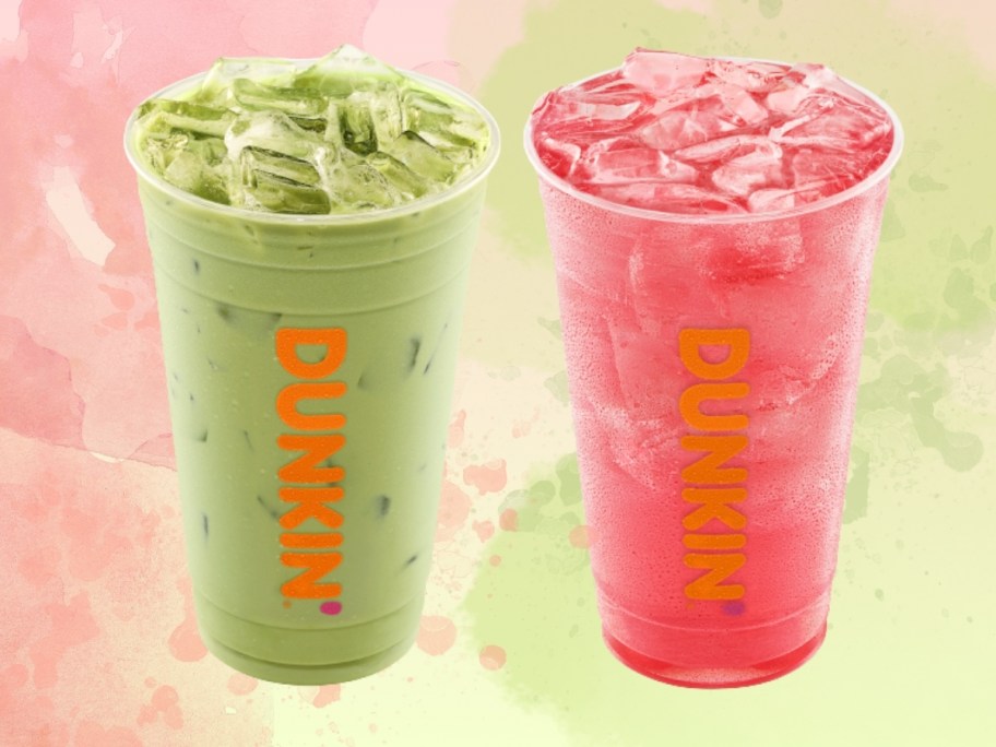 green and pink iced Dunkin drinks