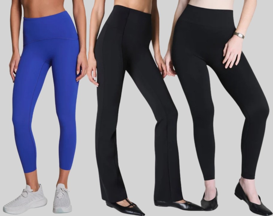 womens wearing 3 different stlyes of leggings