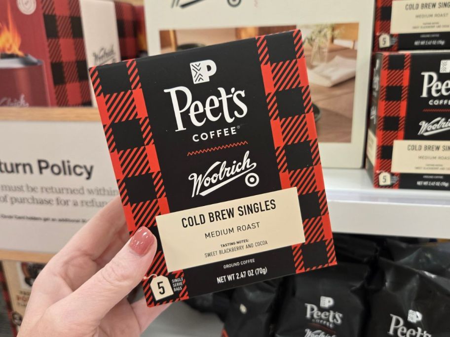 Woolrich Peet's Coffee Buffalo Check Blend Single Serve Bags 5-Count in hand in store