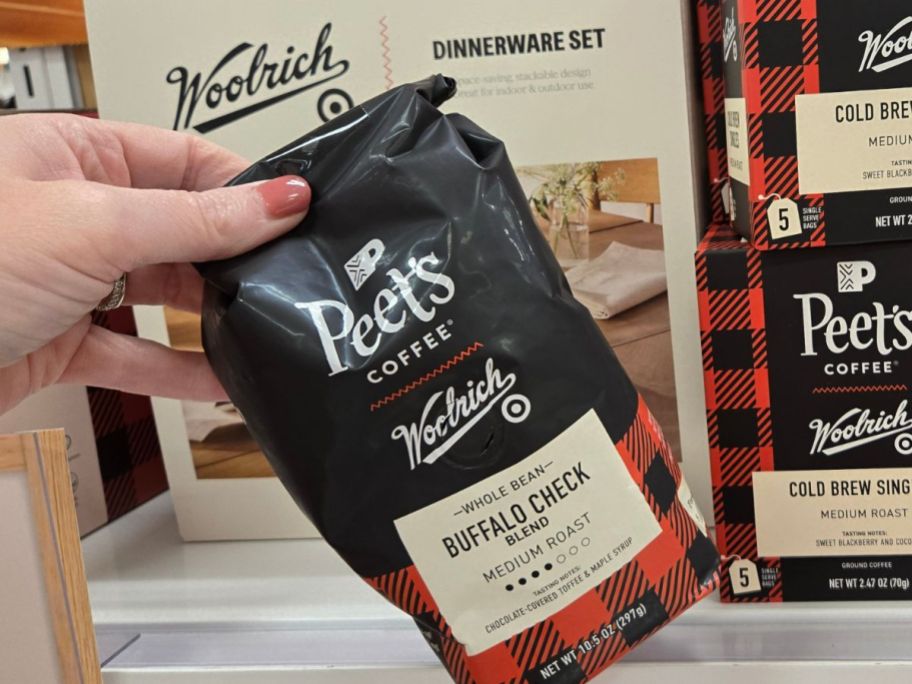 Woolrich Peet's Coffee Buffalo Check Blend Medium Roast Ground Coffee in hand in store