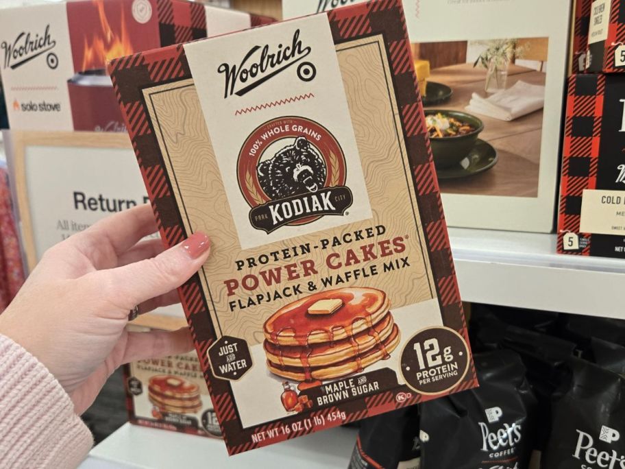 Woolrich Kodiak Protein-Packed Maple Brown Sugar Flapjack & Waffle Mix in hand in store