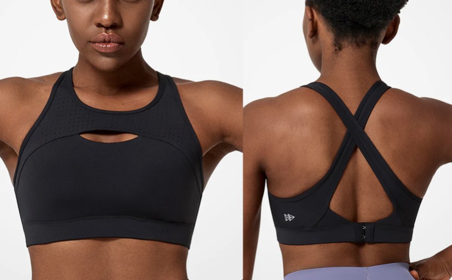 woman wearing black sports bra front and back