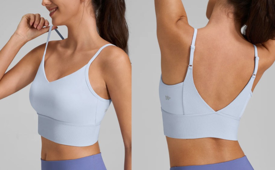 woman wearing light blue sports bra