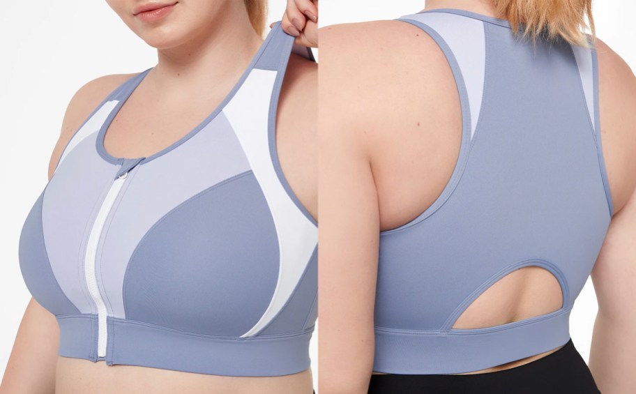 woman wearing white and light purple sports bra front and back