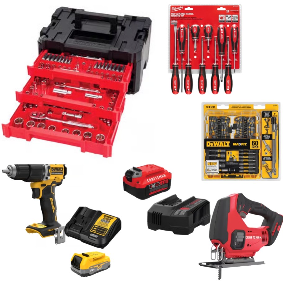 a Craftsman stacking tool box, Milwaukee screwdriver set, DeWalt drill bit set, DeWalt drill, battery, & charger, Craftsman batter, charger, and saw