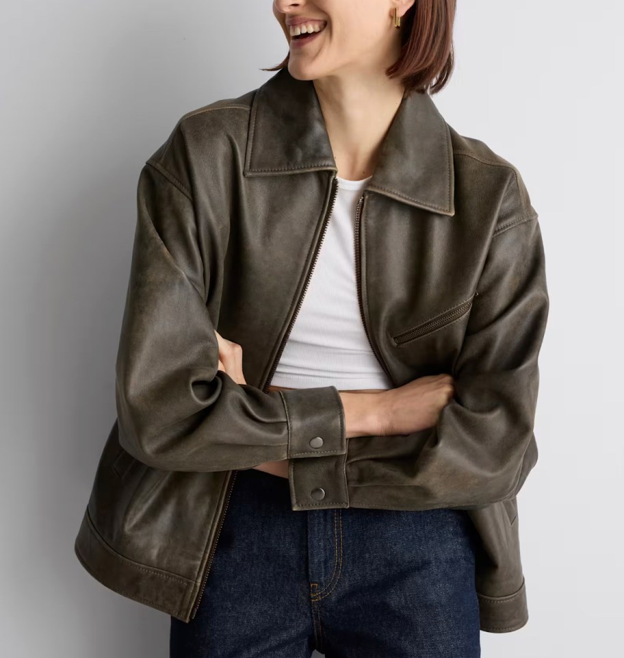woman wearing bomber jacket
