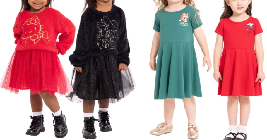 2 girs in tutu dresses and 2 girls in short sleeve dresses