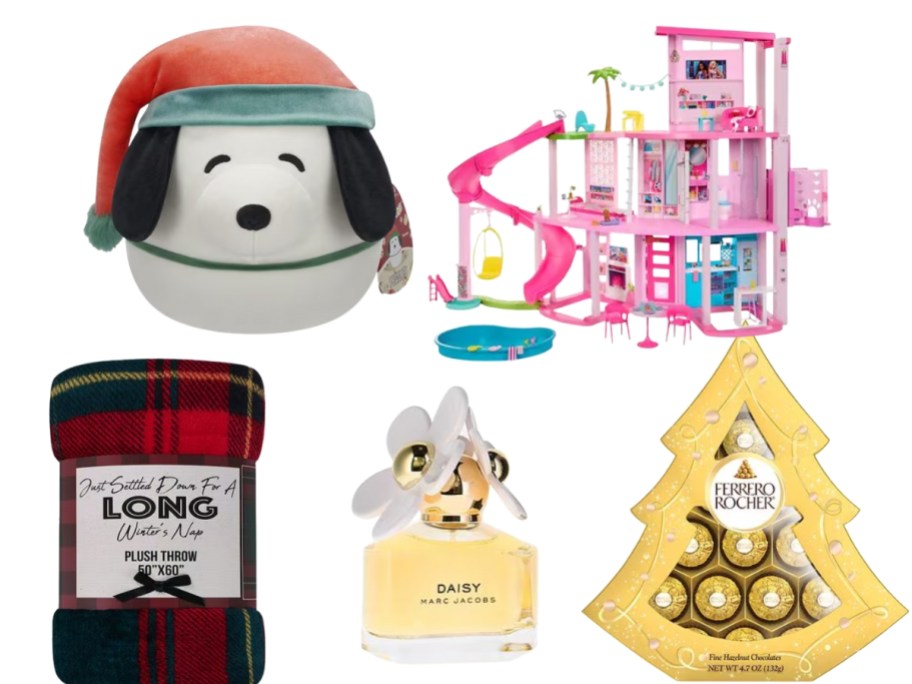 a Snoopy Squishmallow, a Barbie Dreamhouse, a plaid blanket, a Marc Jacobs perfume bottle, a Ferrero Rocher candy gift set