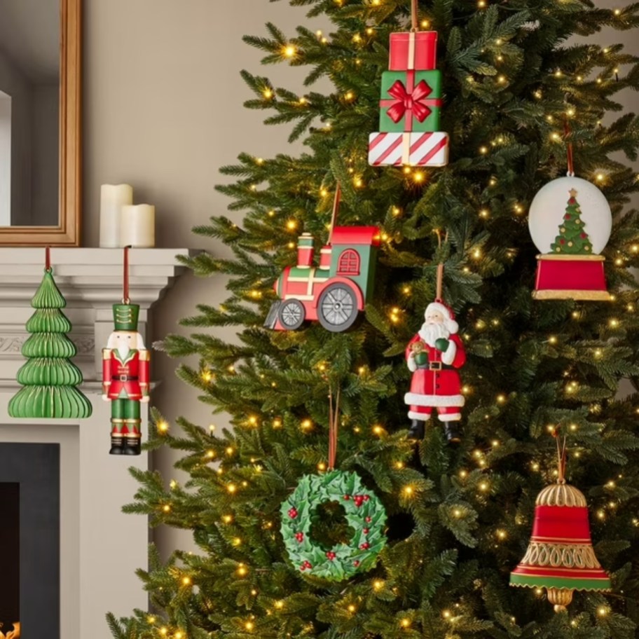 large Christmas ornaments on a tree