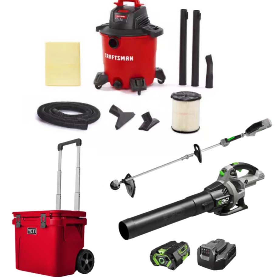 a Craftsman wet / dry shop vac, YETI rolling cooler, and EGO Power leaf blower and trimmer set