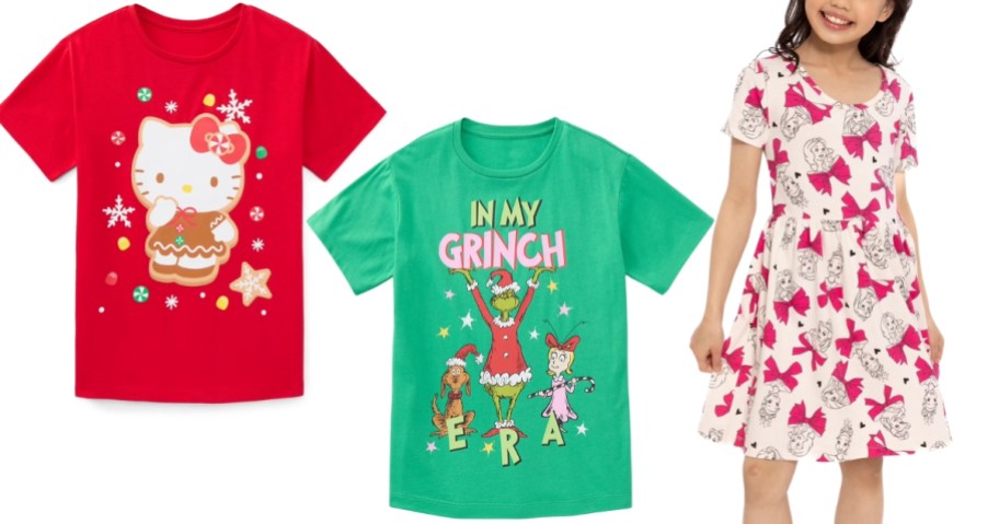 girls Hello Kitty and Grinch Christmas tees and girl in a Disney princess dress