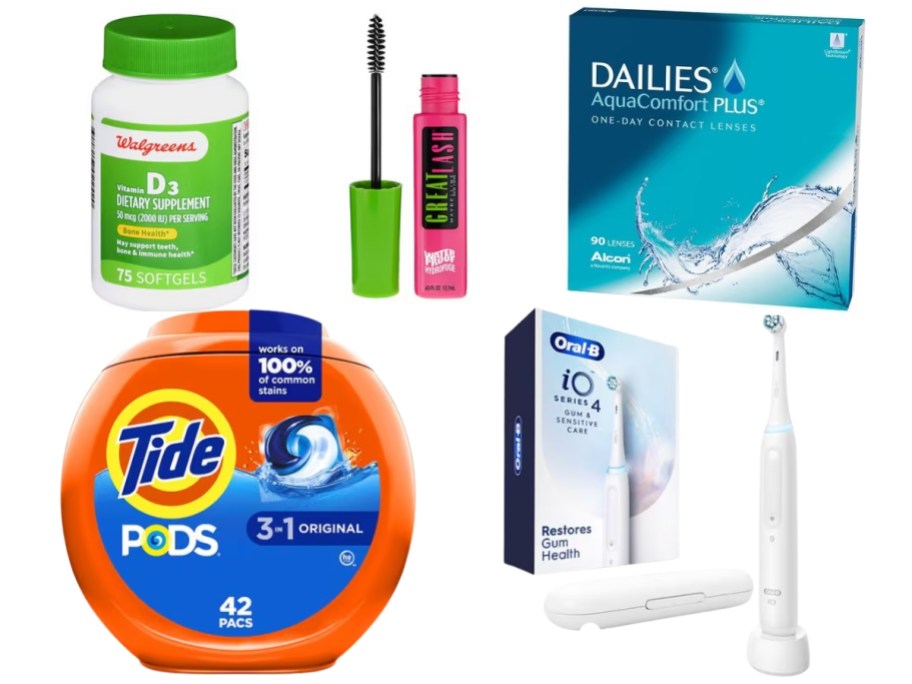 Walgreens vitamin bottle, Maybelline mascara, Daily contacts box, Tide Pods, Oral B toothbrush