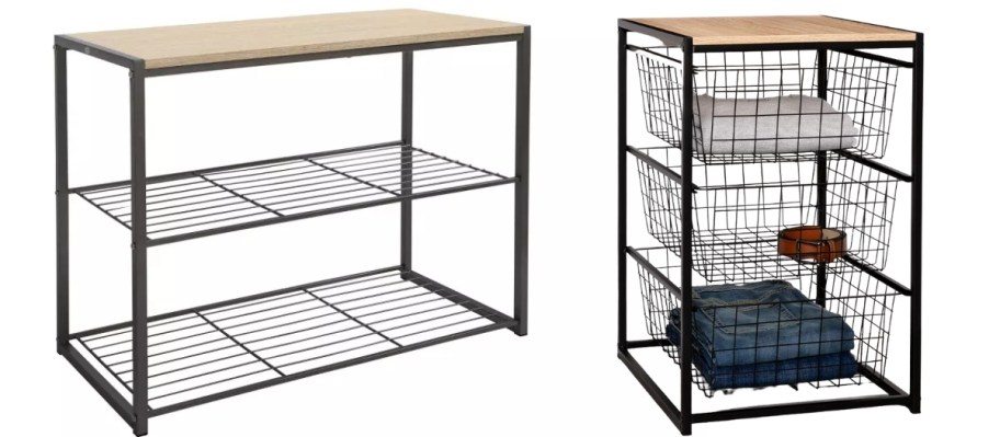 a metal and wood shoe rack and a metal and wood 3 drawer organizer cart