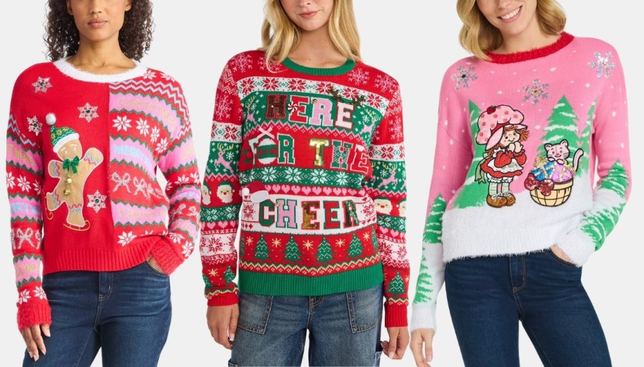 3 womens in christmas sweaters in different designs