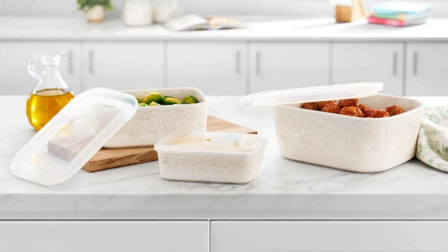 a 3 piece ceramic baking dish set on a kitchen counter top