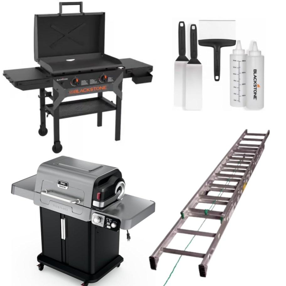a Blackstone Grill, Blackstone Grill accessories, Ninja Grill, and a large ladder