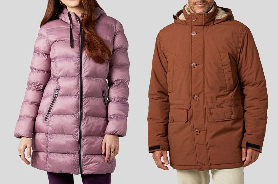 woman in pink puffer jacket and man in brown parka