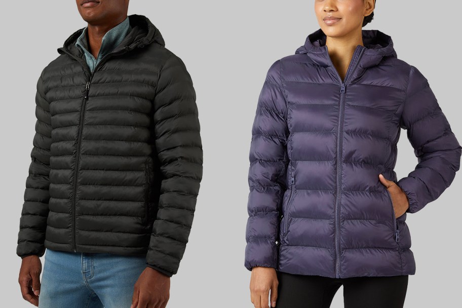 man wearing black and woman wearing purple jackets 