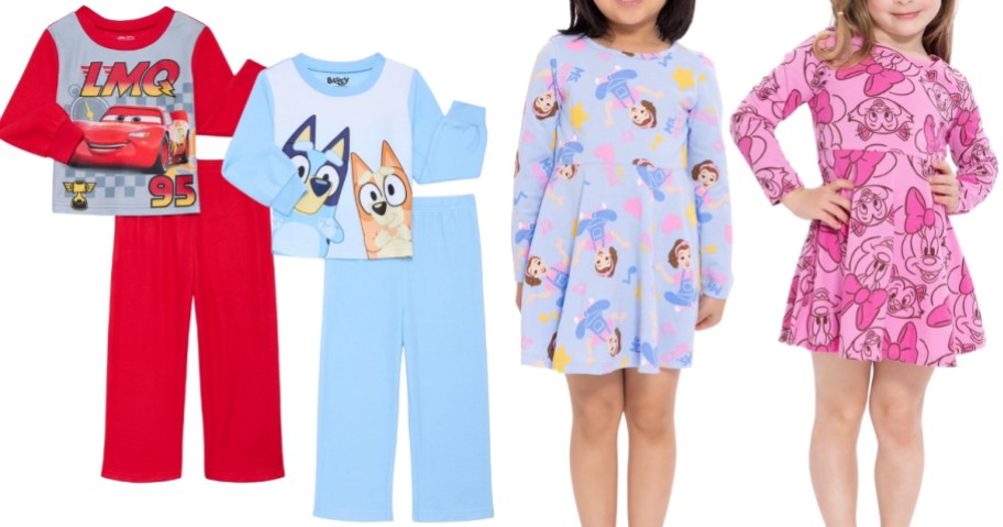 2 sets of todder character pajamas and 2 girls in character dresses