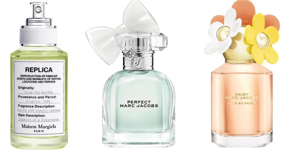 bottles of Maison Margela and Marc Jacobs perfumes
