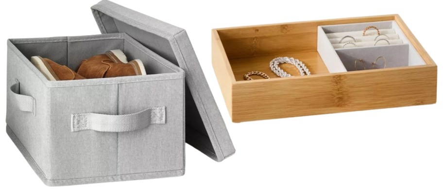 a fabric shoe bin with lid and a bamboo vanity organizer