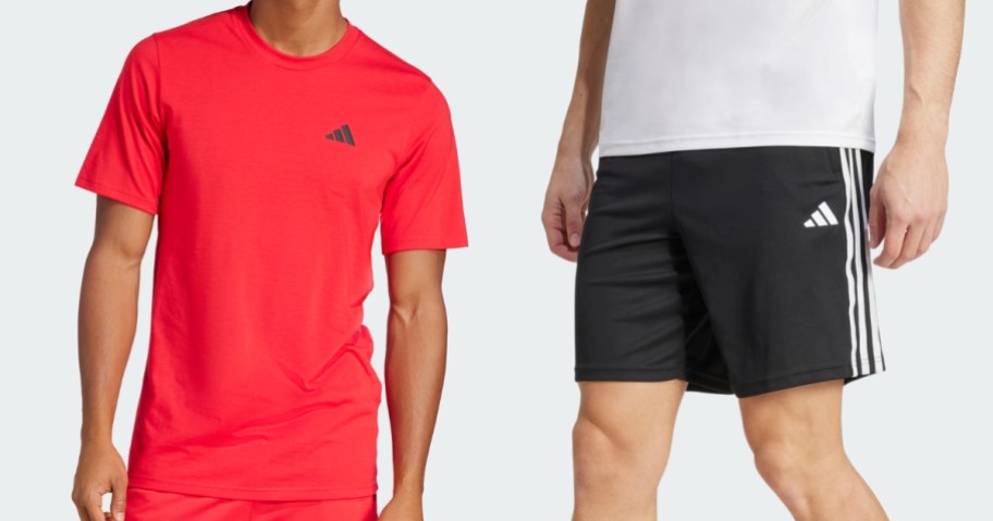 man wearing a red adidas tee and man wearing black adidas shorts