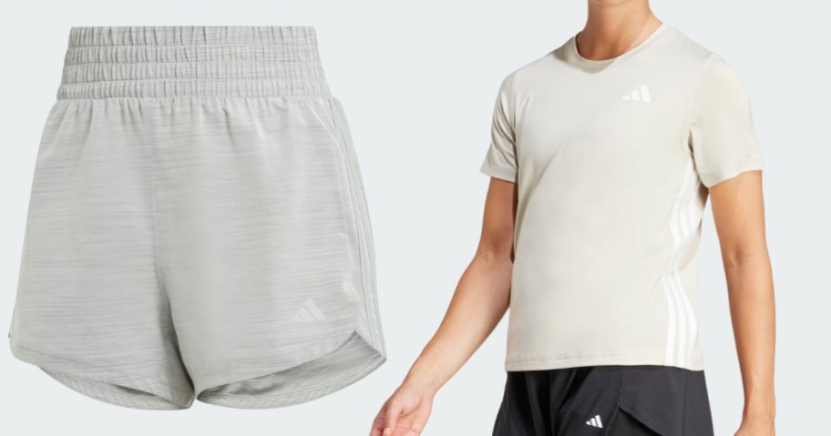 a pair of women's adidas shorts and a woman wearing an adidas tee