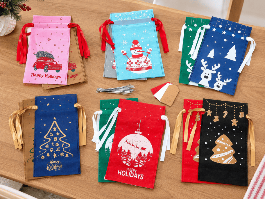 christmas bags laying on table