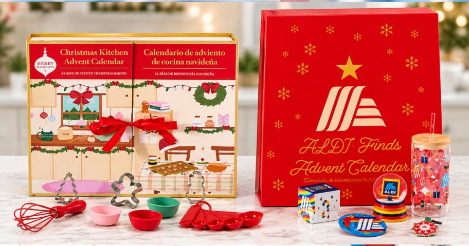 All the Christmas kitchen advent calendar and Aldi finds advent calendar on white kitchen countertop