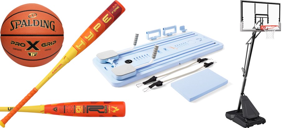 basketball, baseball bat, pilates board, and basketball hoop