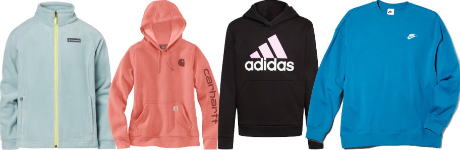 4 colorful sweatshirts in a row