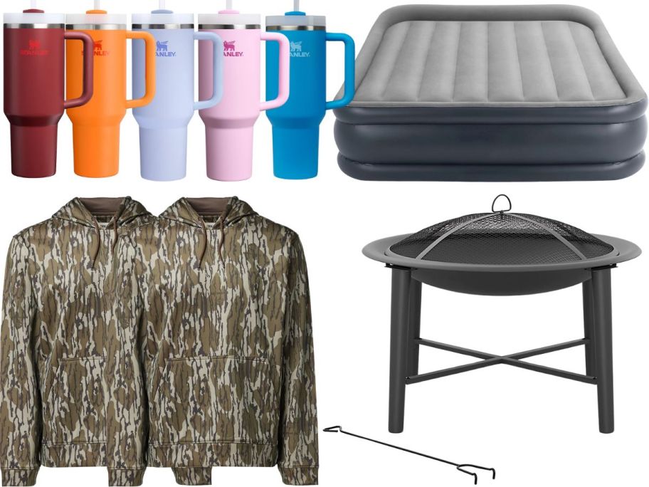 Stanley tumblers, camo sweatshirts, a fire pit, and an air bed