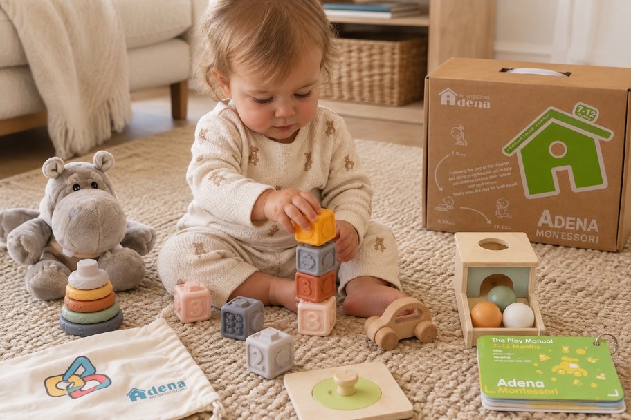 baby playing with Adena Montessori 6 in 1 Sensory Play Kit 
