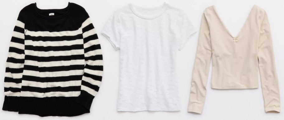 Aerie Bistro Sweater, Lace Vintage T-Shirt, OFFLINE By Aerie Real Me XTRA Rib Open V-Neck T-Shirt