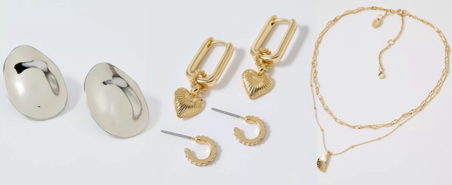 Aerie Oval Hammered Jumbo, Etched Heart Hoop Earrings, Etched Charm Necklace Pack