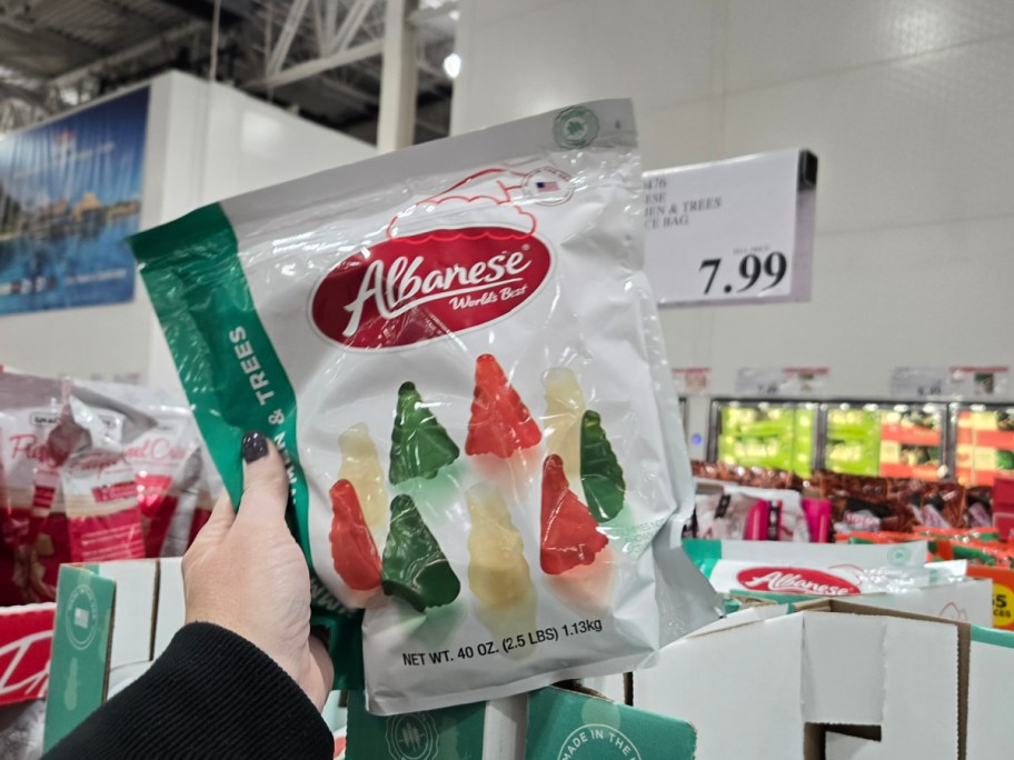 A hand holding up a bag of Albanese Christmas tree gummies.