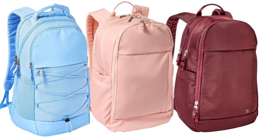 3 backpacks in blue, pink, and maroon