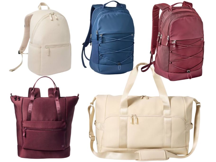 3 backpacks, a tote bag, and a weekender bag