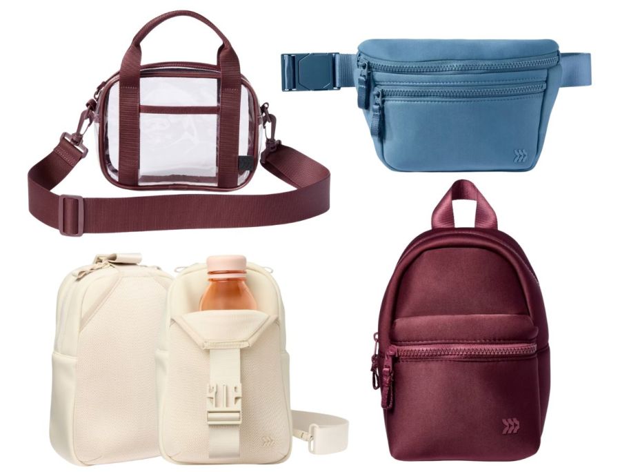 4 small bags in maroon, blue, and cream
