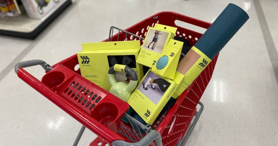 A cart full of all in motion fitness equipment at Target