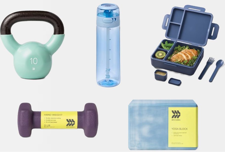 Stock images of All in Motion weights, yoga block, water bottle and bento box