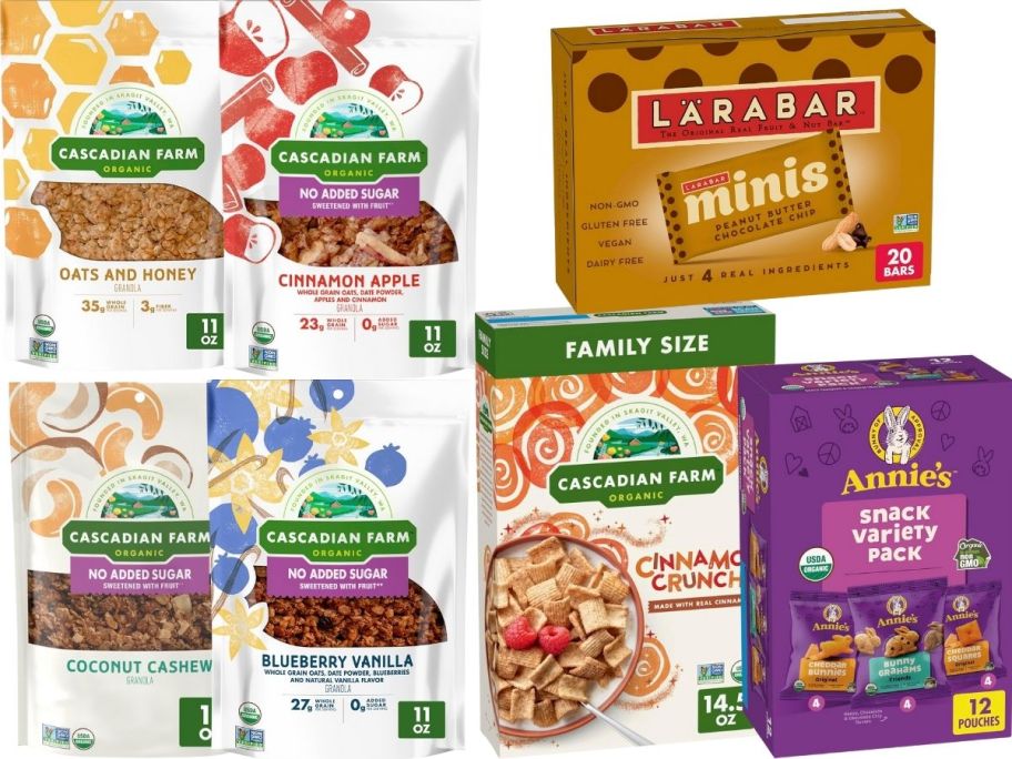 Several cereal bags and boxes as well as snacks 