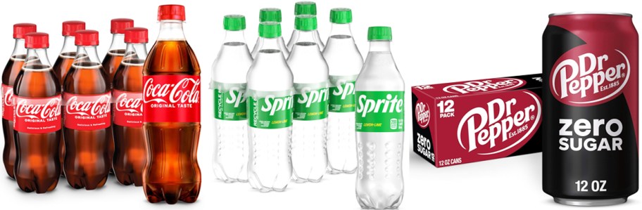 coke and sprite bottles and box of dr pepper cans