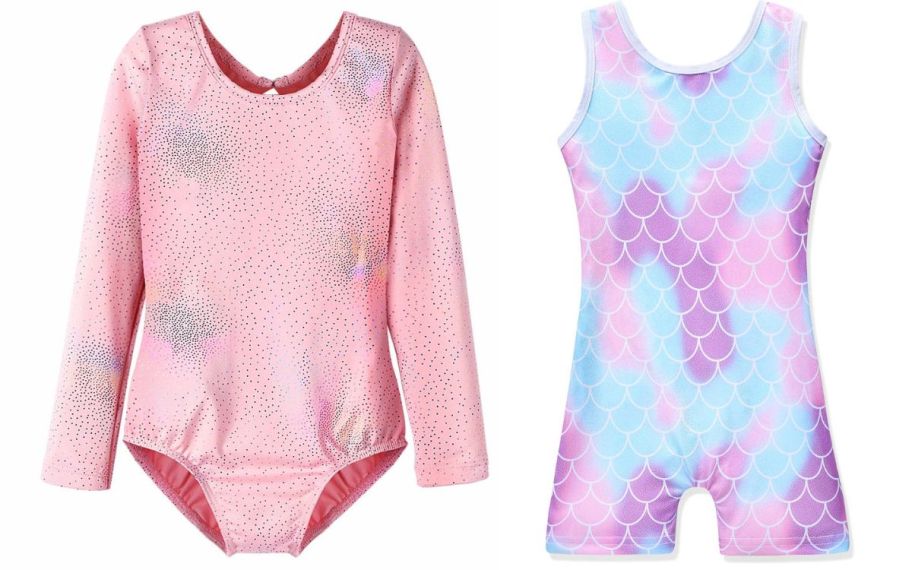 two different girl leotards from amazon in shades of pink and blue
