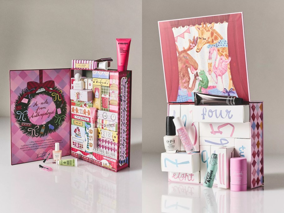 Anthropologie beauty advent calendars featuring an open box with numbered daily compartments and various cosmetic products displayed around it.